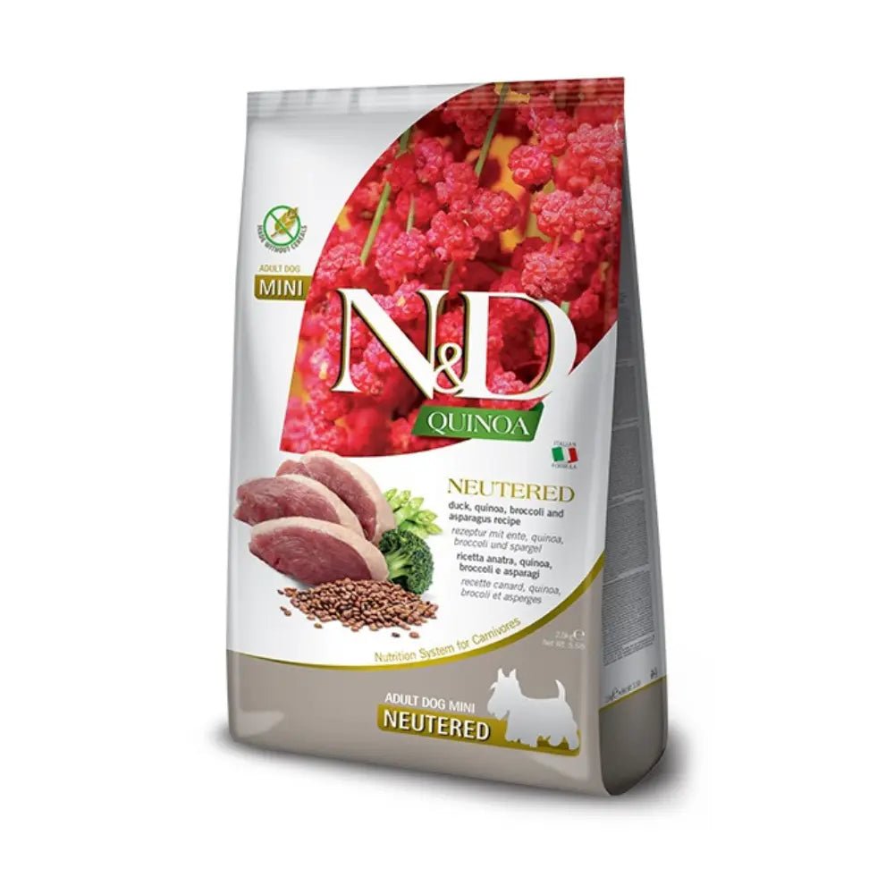 Farmina N&D Dog Quinoa Duck, Broccoli & Asparagus Neutered Adult Mini - Tørrfôr (2.5 kg) fra Farmina | Kjøp hos A - Vet Shop
