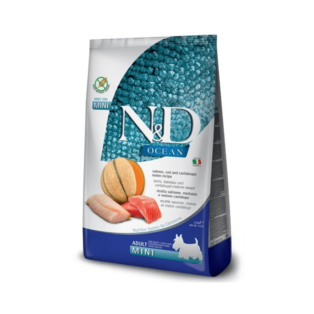 Farmina N&D Dog Ocean Salmon, Cod & Cantaloupe Melon Adult Mini - Tørrfôr (2.5 kg) fra Farmina | Kjøp hos A - Vet Shop